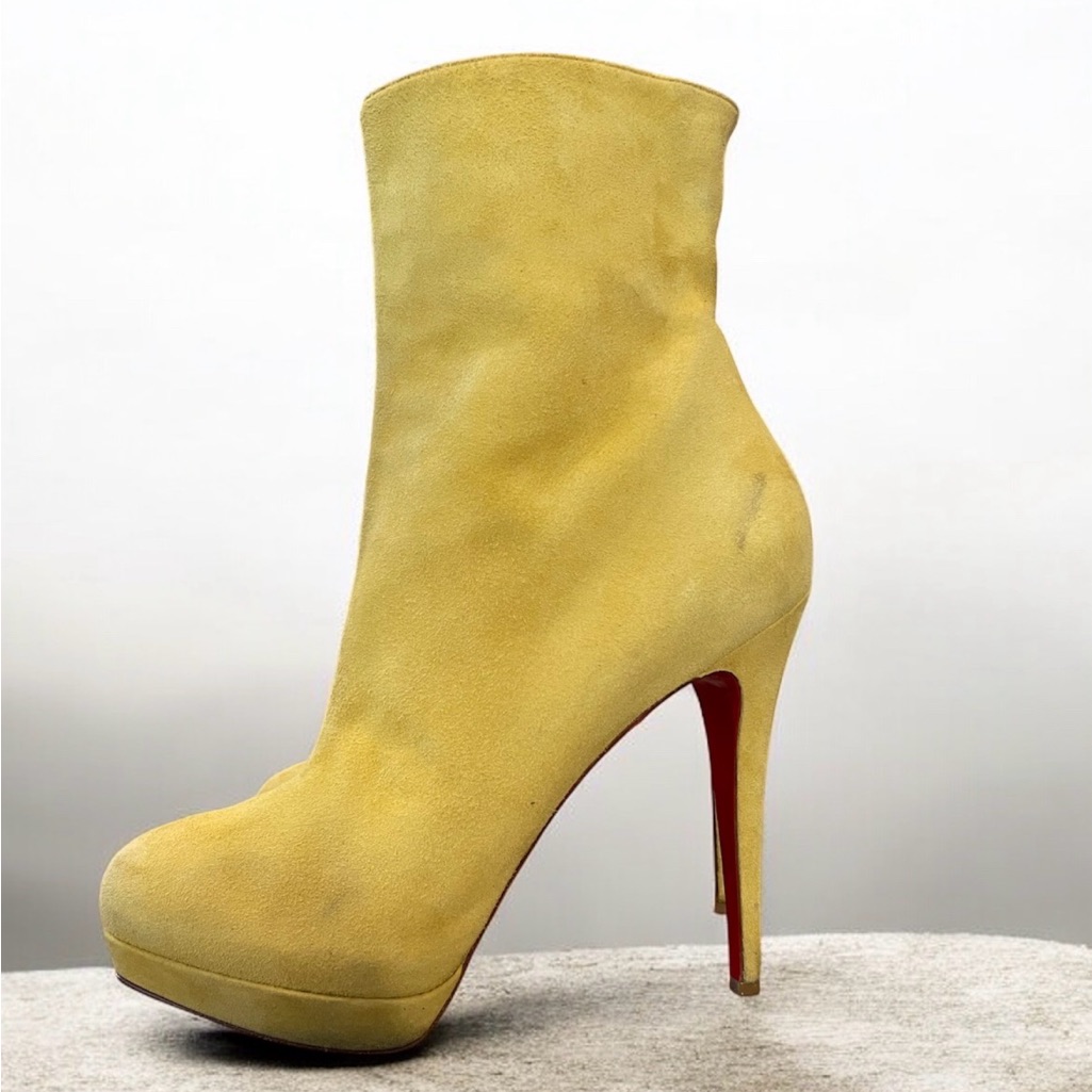Christian Louboutin Vibrant Mustard Yellow Suede Booties With Iconic Red Soles